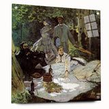 Acrylic print of Claude Monet's impressionistic lily pond in soft blues and greens, suited for bedroom or dining room walls.