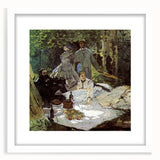 Abstract art print of a Claude Monet painting in muted blue and green tones on a white framed canvas.