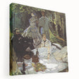 Side view of a Claude Monet-inspired stretched canvas depicting a serene lake scene in muted blues and greens.