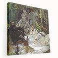 Side view of a Claude Monet-inspired stretched canvas depicting a serene lake scene in muted blues and greens.