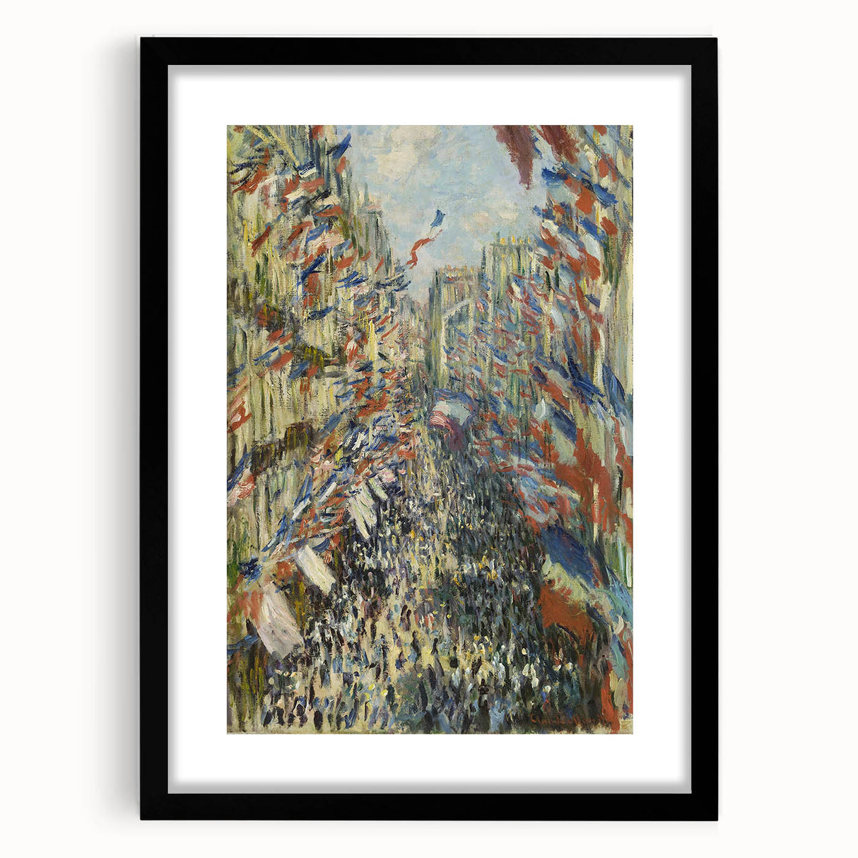Extra large, colorful art print of an abstract Claude Monet design in a black frame, ideal for living room decor.