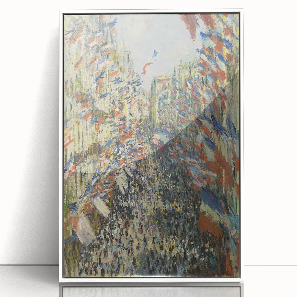 Acrylic print of Claude Monet's impressionist artwork in a white frame, featuring soft pastel colors.