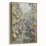 Framed canvas of Claude Monet's landscape painting in vintage style, featuring muted green and blue tones.