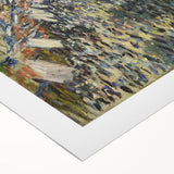 Art Deco poster of Claude Monet's garden scene in muted greens and blues on rolled canvas, ideal for dining room decor.