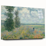 Acrylic print of Claude Monet's impressionist artwork with vibrant blues and greens, ideal for dining room decor.