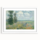 Abstract art print of a water lily pond in muted green and blue tones on a white-framed canvas.