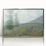 Mid-century modernist art featuring a Claude Monet landscape on a framed acrylic print, with soft pastel shades.