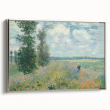 Framed canvas of Claude Monet's landscape painting with vibrant colors, ideal for adding a vintage touch to any room.