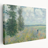 Side view of a Claude Monet inspired stretched canvas depicting a tranquil garden scene, in soft blue and green tones.