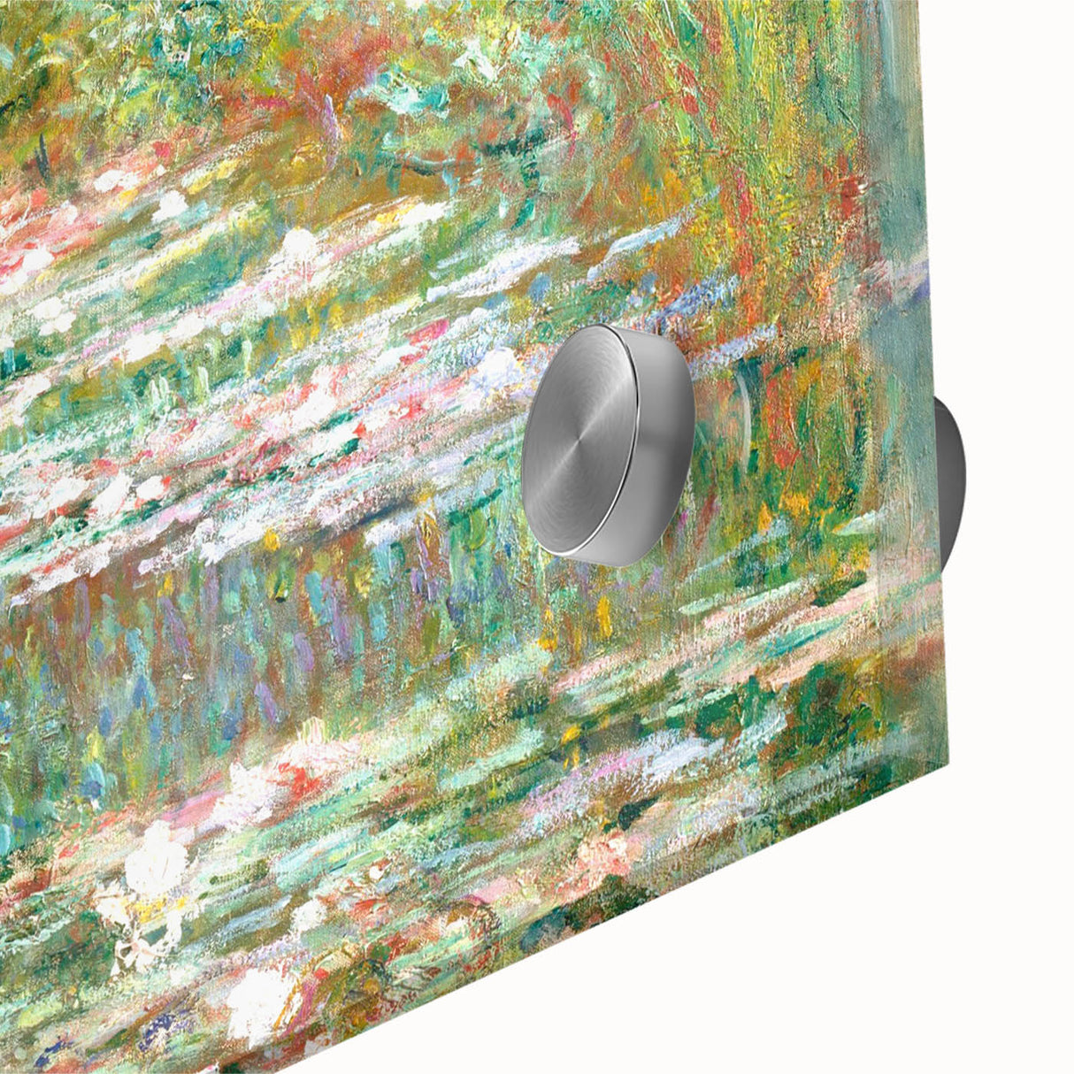 Large abstract wall art of Monet-inspired scenery in muted blues and greens on acrylic glass, ideal for dining room ambiance.
