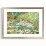 Textured art print of an abstract Monet-inspired scene in cool blues and greens on a framed canvas, perfect for bedroom art.