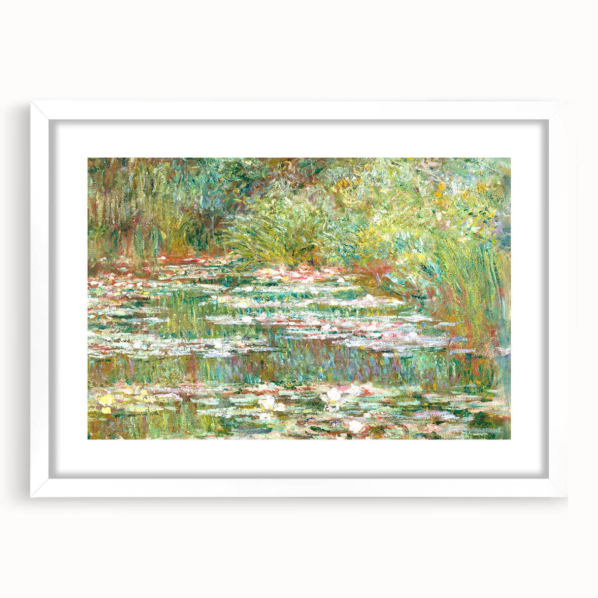 Abstract art print of a Claude Monet-inspired landscape in muted green and blue tones, framed with a white mat.