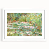 Abstract art print of a Claude Monet-inspired landscape in muted green and blue tones, framed with a white mat.