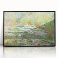 Large abstract wall art of a Claude Monet-inspired scene in muted greens and blues, framed in black acrylic.