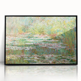 Large abstract wall art of a Claude Monet-inspired scene in muted greens and blues, framed in black acrylic.