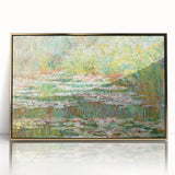 Large art print of a Claude Monet painting in mid-century modernist style, featuring soft pastel colors on framed acrylic.