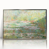 Mid-century modernist art depicting a Monet landscape in muted greens and blues on a framed acrylic.