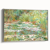 Framed canvas featuring Claude Monet's landscape art painting with vibrant colors on a black background.