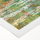 Art deco poster featuring a Claude Monet garden scene in soft pastel colors on rolled canvas.