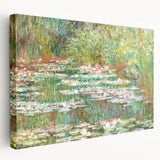 Claude Monet's water lilies painting in soft blues and greens on large stretched canvas, suitable for kitchen wall art.