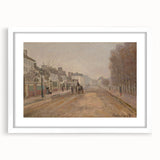 Abstract art print of a Claude Monet-inspired landscape in soft blue and green tones on a white framed canvas.