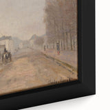 Close-up of a textured Claude Monet painting on a black framed canvas, featuring vibrant, colorful brushstrokes.