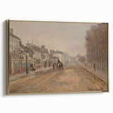 Framed canvas of Claude Monet landscape painting in soft pastel shades, ideal for bedroom wall art.