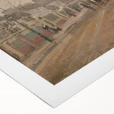 Art deco poster featuring a Claude Monet landscape on rolled canvas, with muted color tones.