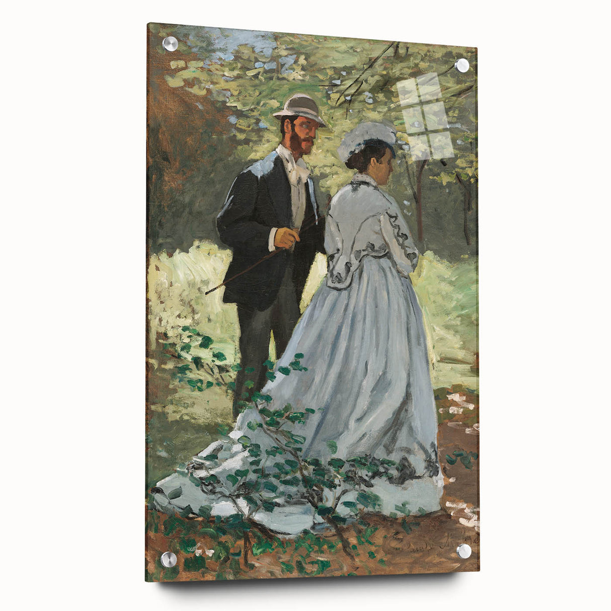 Acrylic print of Claude Monet's water lilies in soft blues and greens, ideal for dining room decor.