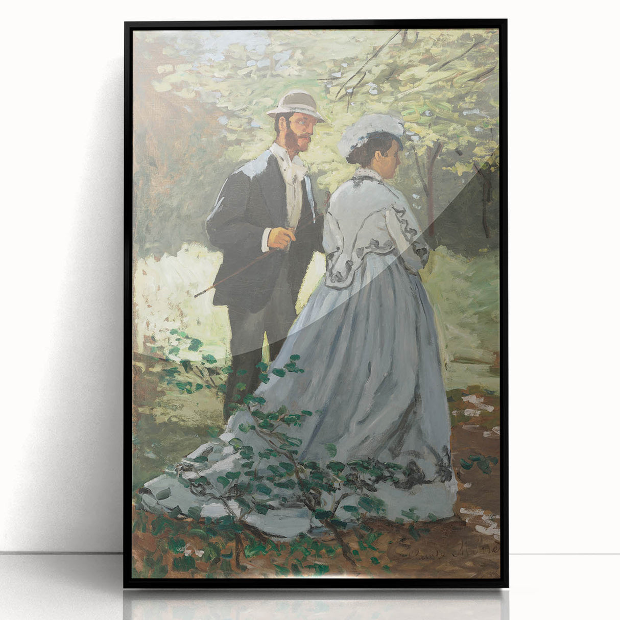 Large abstract wall art by Claude Monet in black frame.