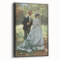 Black and white framed canvas of a Claude Monet landscape painting, ideal for bedroom wall decor.