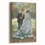 Framed canvas featuring Claude Monet landscape painting in muted greens and blues, ideal for bedroom wall art.