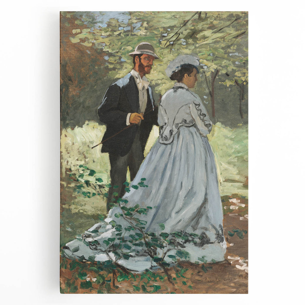 Black and white print of Claude Monet's painting on stretched canvas, ideal for kitchen wall art.