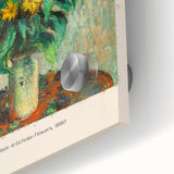 Close-up of a large abstract wall art by Claude Monet in vibrant blue and green hues on acrylic glass.