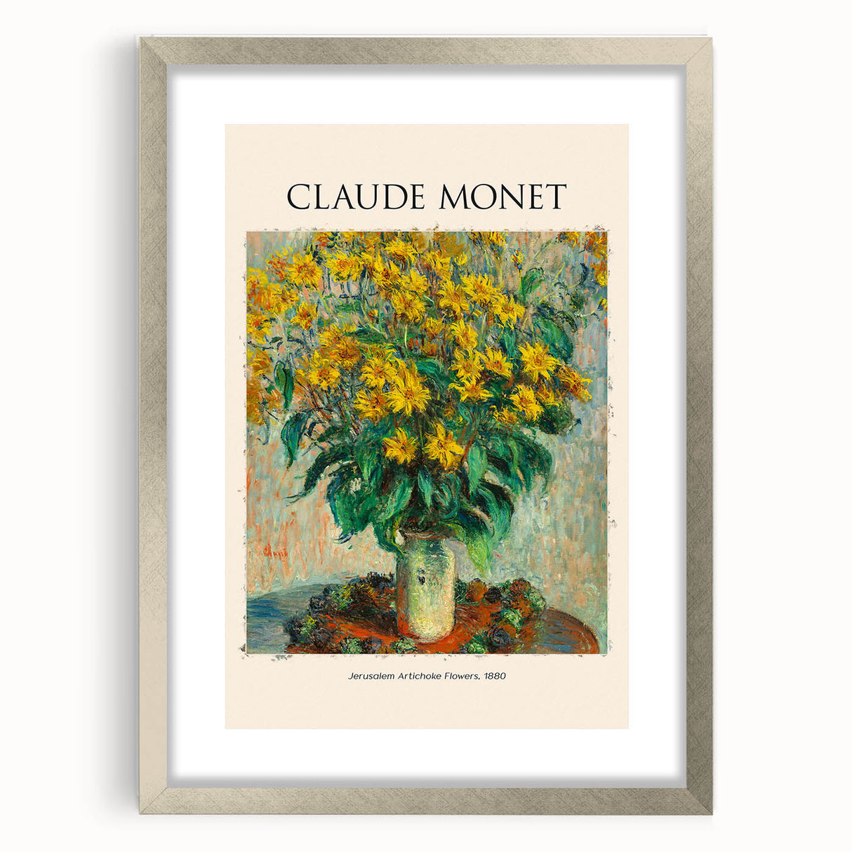 Textured art print of an abstract Claude Monet design in silver frame, featuring soft blue and green hues.