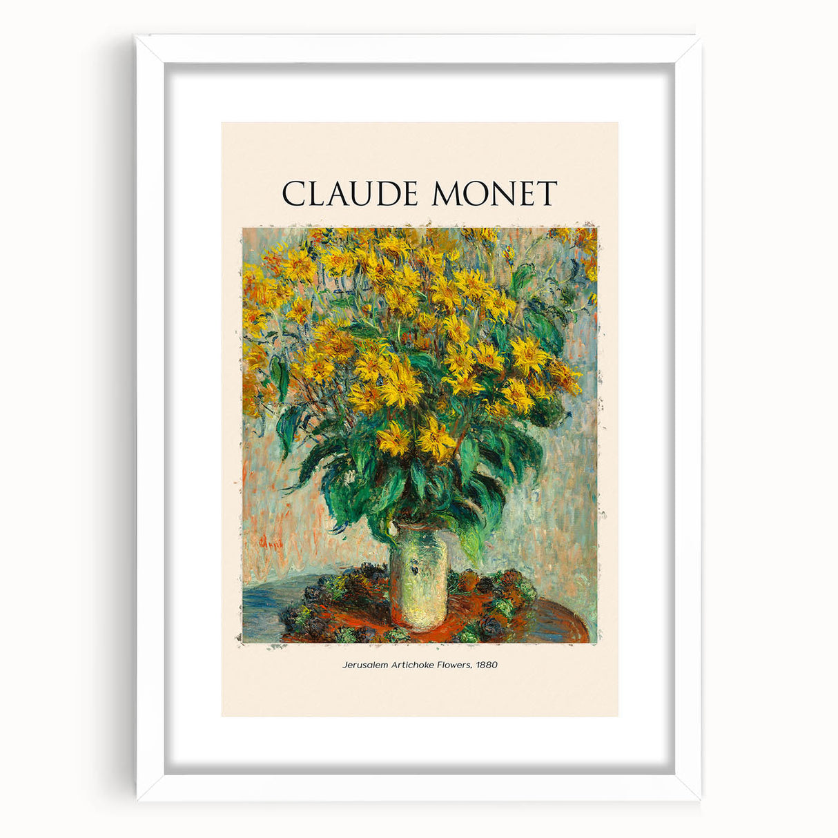 Abstract art print of a Claude Monet painting in soft blue and green tones, framed with a white mat.