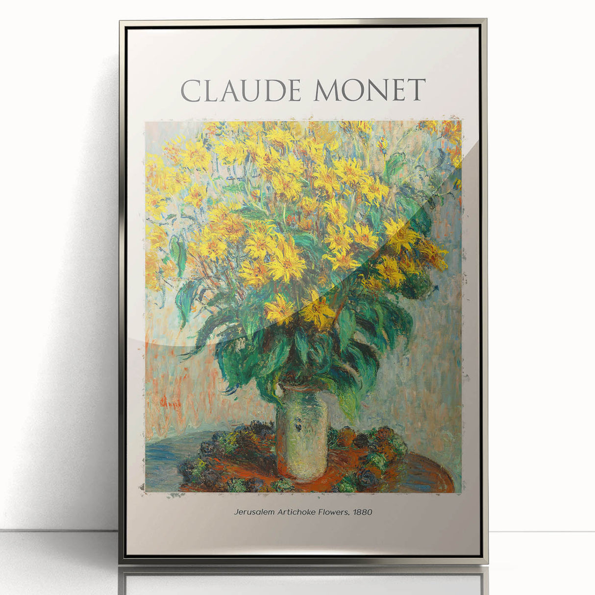 Acrylic print of Claude Monet's artwork in silver frame, featuring soft pastel shades, ideal for nursery wall art.