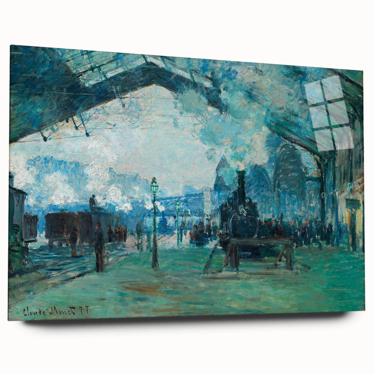 Acrylic print of a large abstract art piece with swirling blue and green hues, ideal for bedroom or dining room decor.