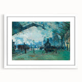 Abstract art print of a Claude Monet painting in soft pastel shades on a white framed canvas, ideal for dining room decor.
