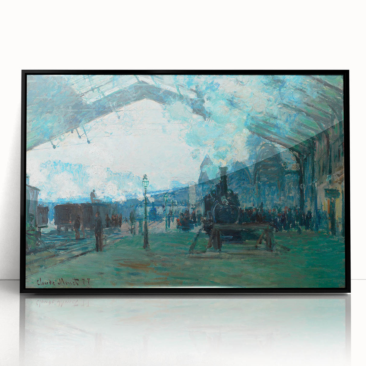 Large abstract wall art featuring a Claude Monet-inspired scene in muted blues and greens, framed in black acrylic.