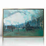 Large art print of Claude Monet’s painting in a gold frame, featuring soft pastel colors and mid-century modernist style.