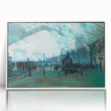 Art deco poster featuring a Claude Monet impressionist painting with soft pastel shades on framed acrylic.