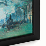 Extra large framed canvas featuring a close-up of a textured, colorful Claude Monet painting, ideal for living room decor.