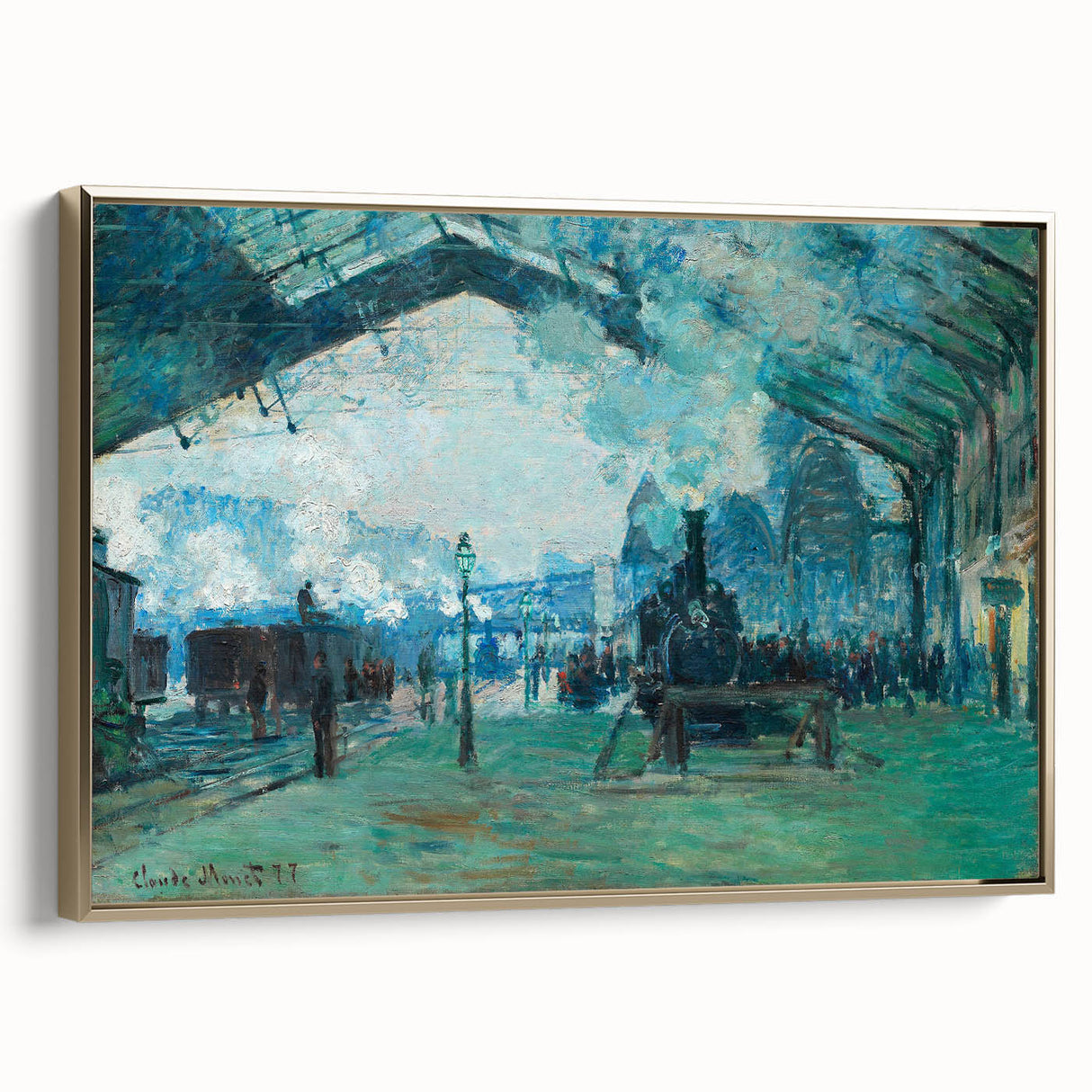 Framed canvas of Claude Monet landscape painting in muted greens and blues, ideal for bedroom wall art.
