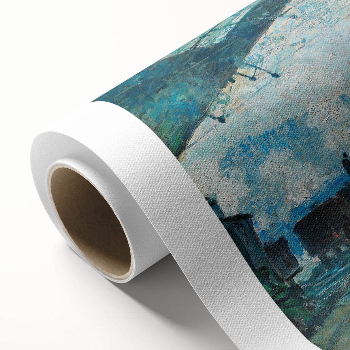 Art Deco poster of Claude Monet's impressionistic water lilies in soft blues and greens on rolled canvas.