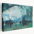 Side view of a large Claude Monet impressionist canvas, featuring soft pastel hues, ideal for kitchen wall art.