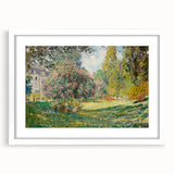Abstract art print of a Claude Monet-inspired landscape in pastel shades on a white framed canvas.