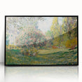 Large abstract wall art depicting a Claude Monet-inspired scene in muted green and blue tones, framed in black acrylic.