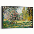 Black and white framed canvas featuring a vintage-style Claude Monet landscape painting, ideal for bedroom wall art.