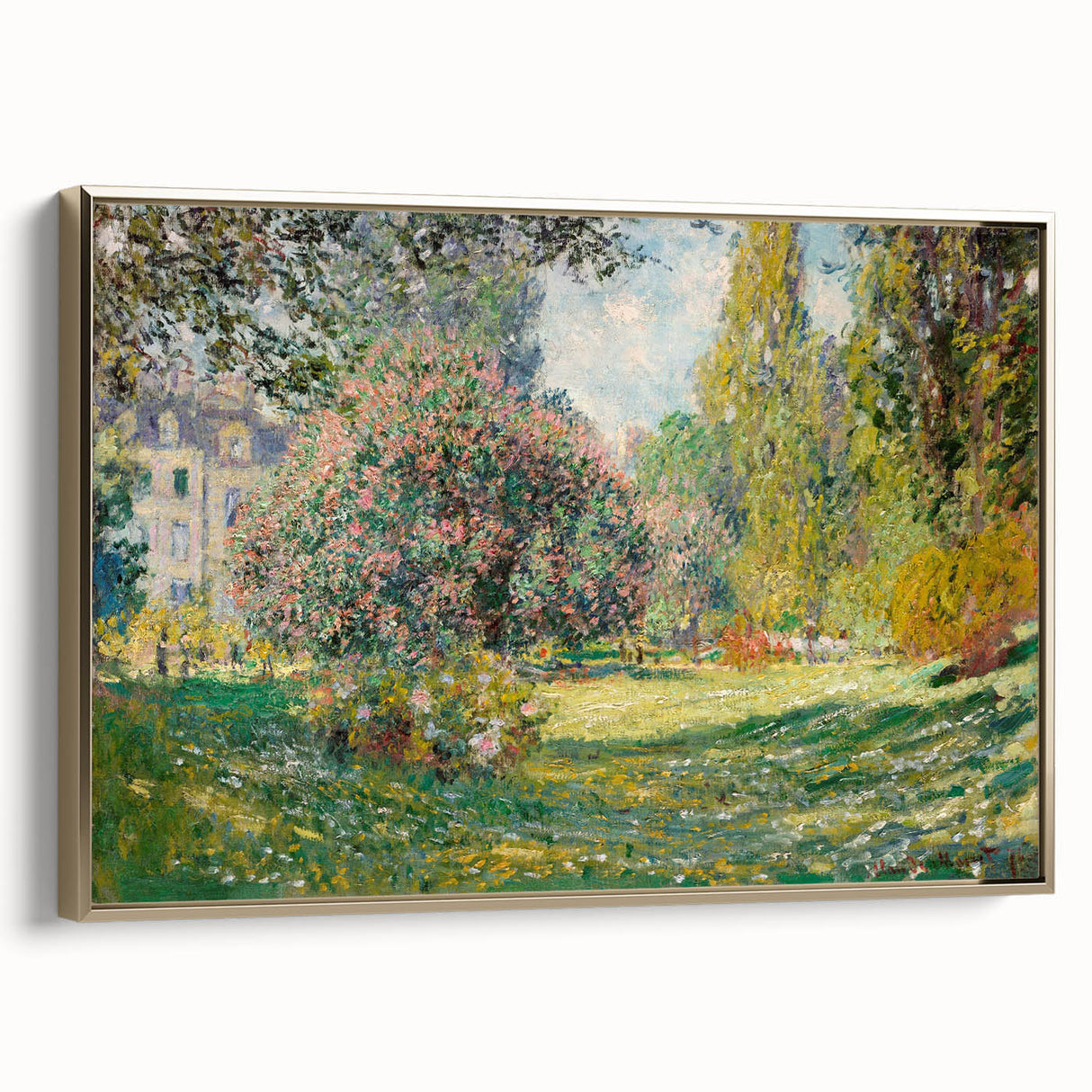 Framed canvas featuring a Claude Monet landscape painting in muted greens and blues, ideal for bedroom wall art.